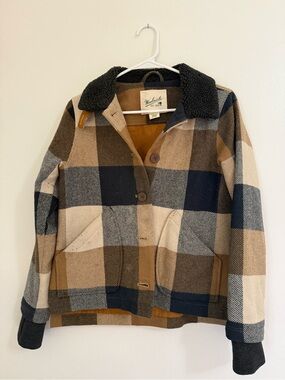 Woolrich Brown Navy Cream Plaid Sherpa Jacket